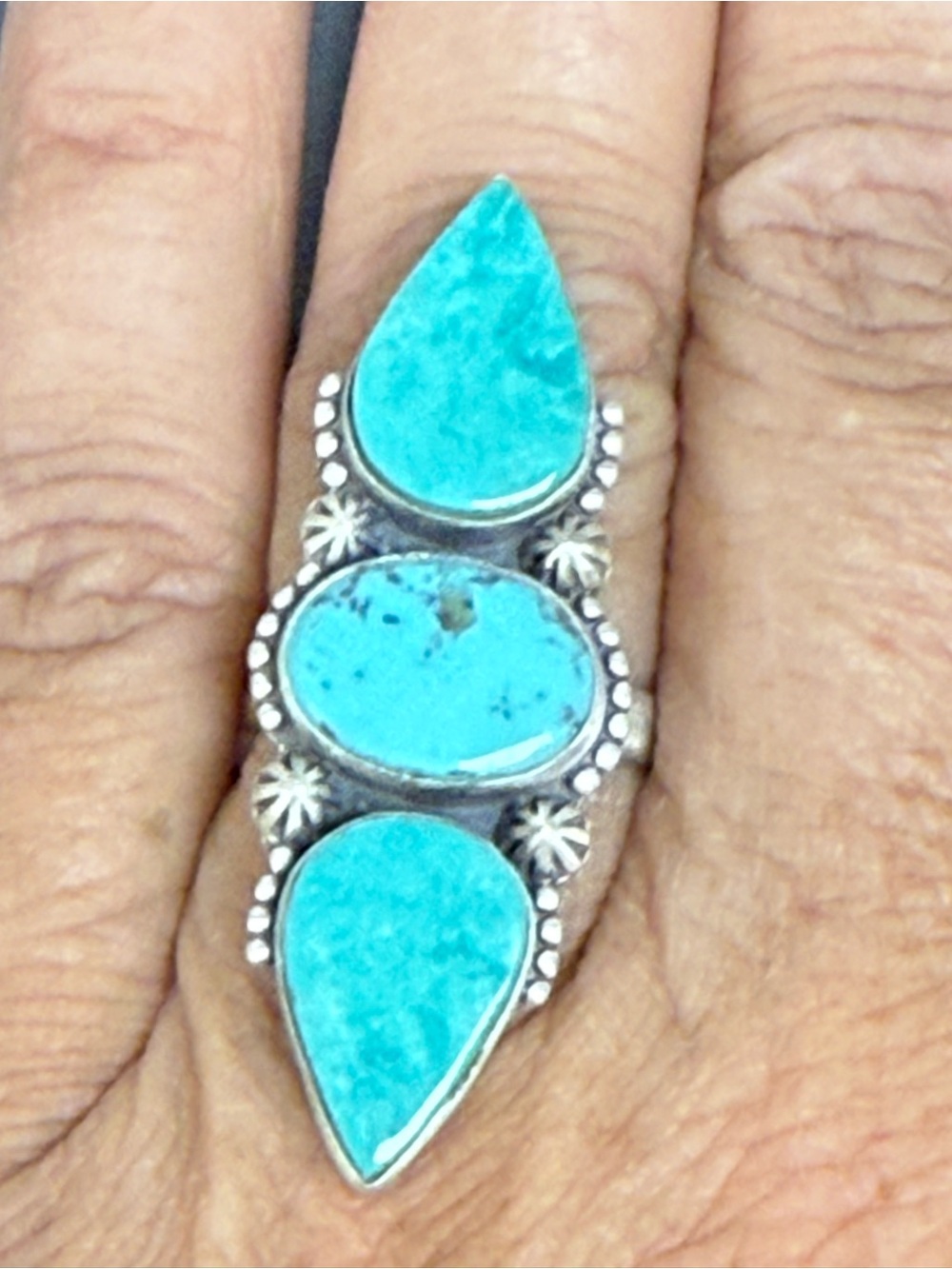 Kingman Turquoise Triple Stone Sterling-Silver Statement Ring